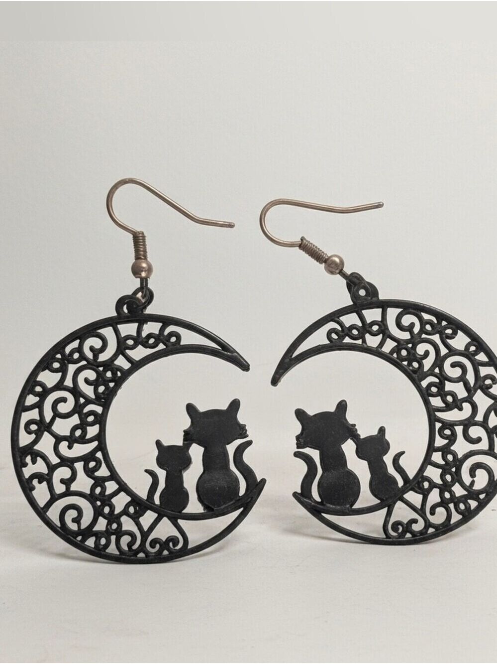 Black Cat Moon Silhouette Dangle Earrings